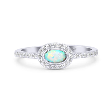 Halo Oval Petite Dainty Thumb Ring Lab Created White Opal Statement Fashion Ring Solid 925 Sterling Silver